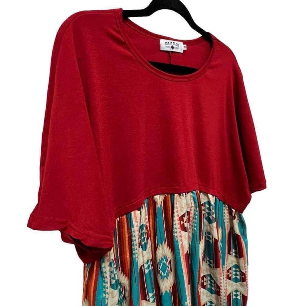 Crazy Train Red & Turquoise Tribal Print Oversized Boho WesternTop - Size M - Picture 7 of 11